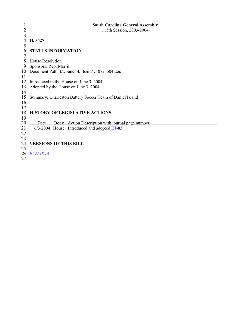 2003-2004 Bill 5427: Charleston Battery Soccer Team of Daniel Island - South Carolina