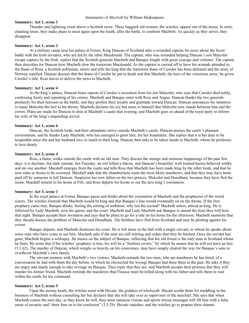 Summaries of Macbeth by William Shakespeare