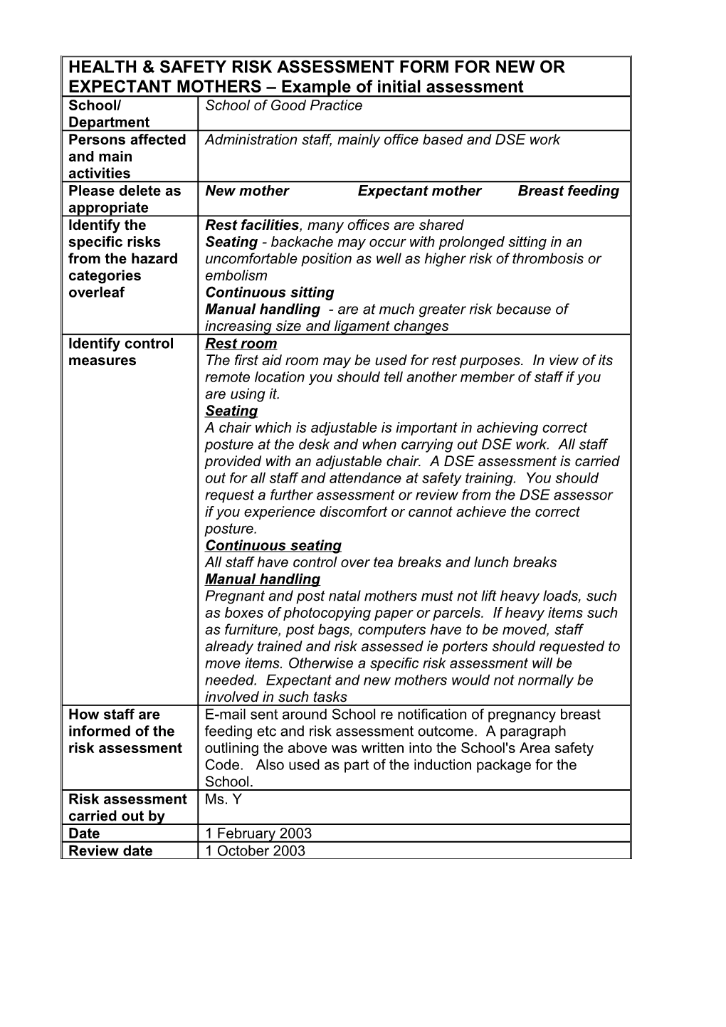 HEALTH & SAFETY RISK ASSESSMENT FORM for NEW OR EXPECTANT MOTHERS Example of Initial Assessment