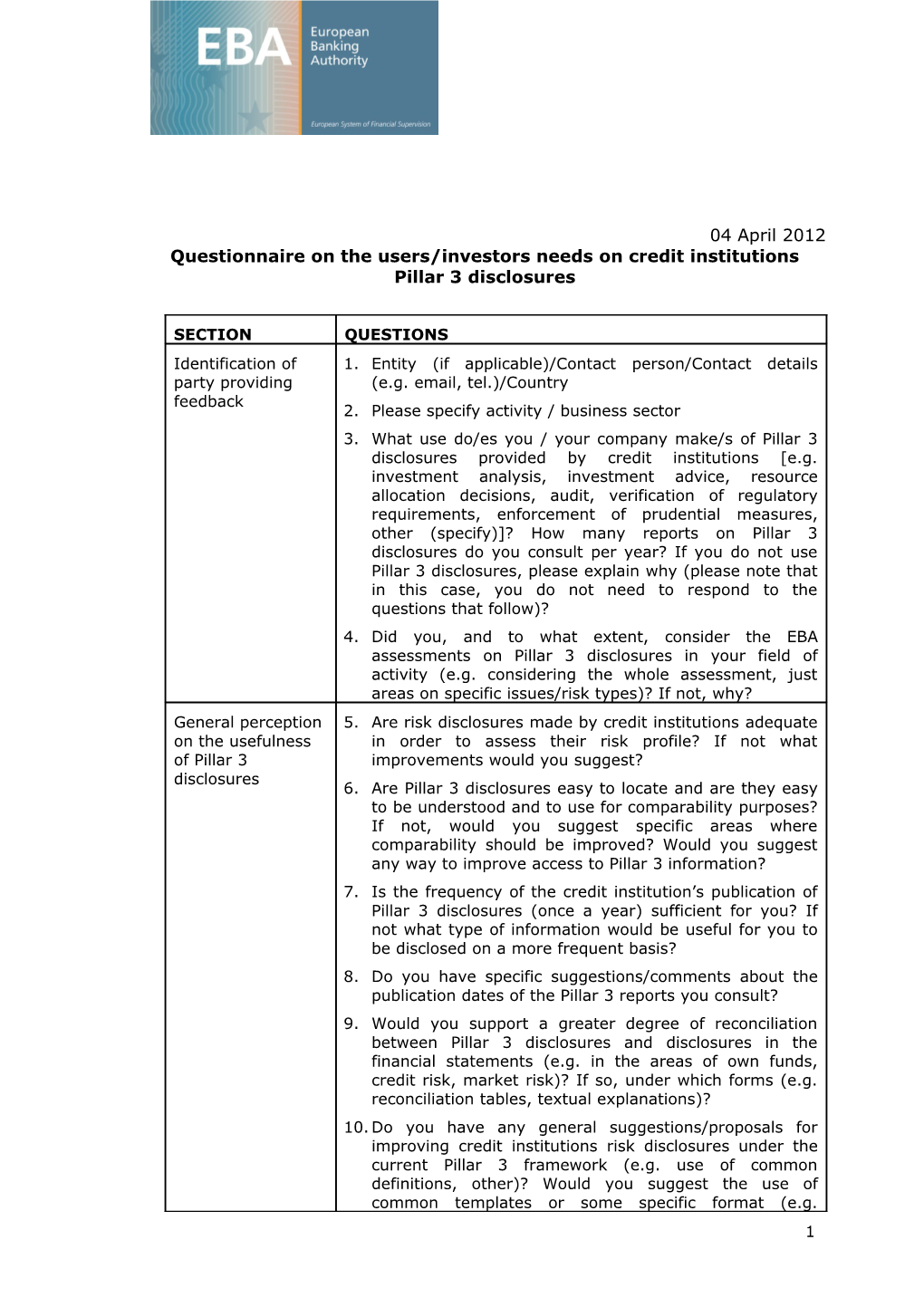 Questionnaire on the Users/Investors Needs on Credit Institutions Pillar 3 Disclosures