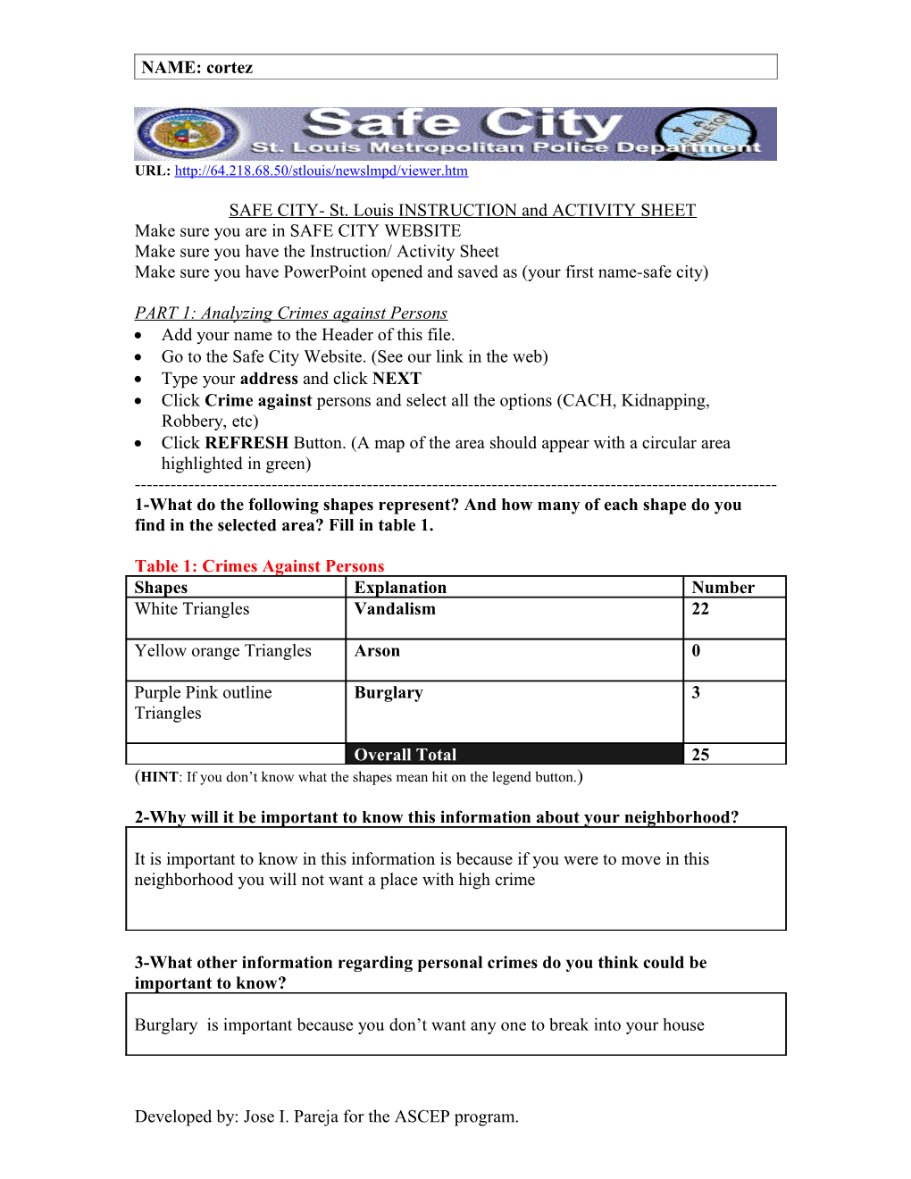 SAFE CITY- St. Louis INSTRUCTION and ACTIVITY SHEET