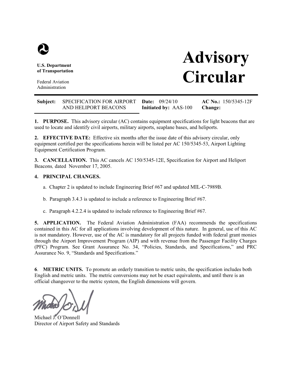 AC 150/5345-12F, Specification for Airport and Heliport Beacons, 24 September 2010