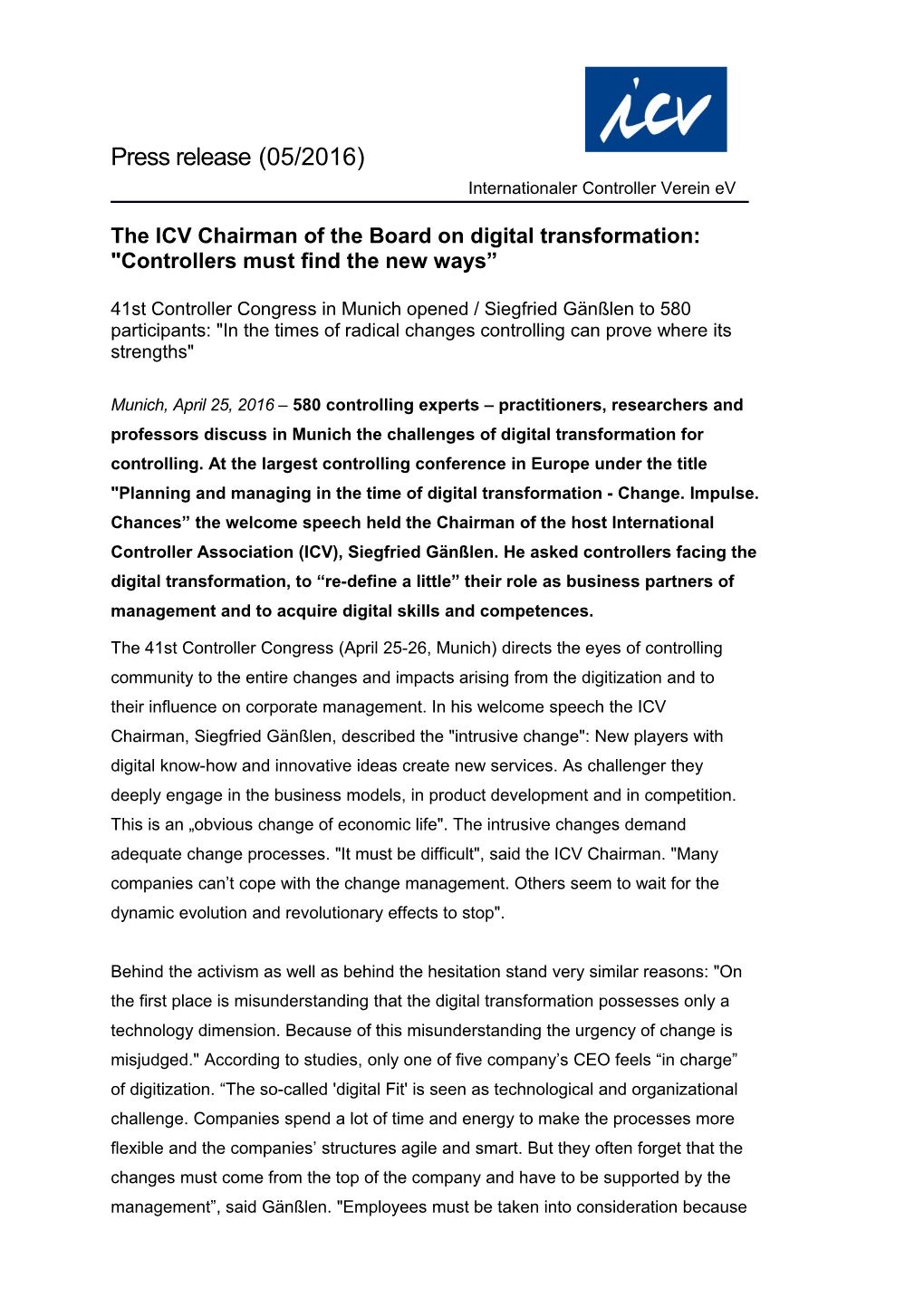 The ICV Chairman of the Board on Digital Transformation: Controllers Must Find the New Ways