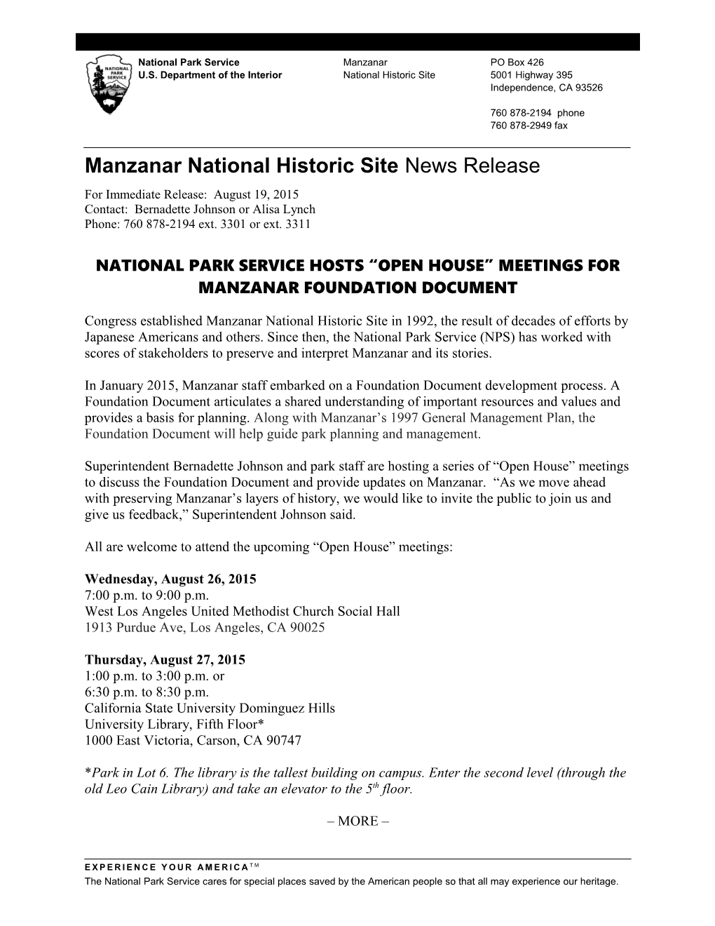 Manzanar National Historic Site News Release