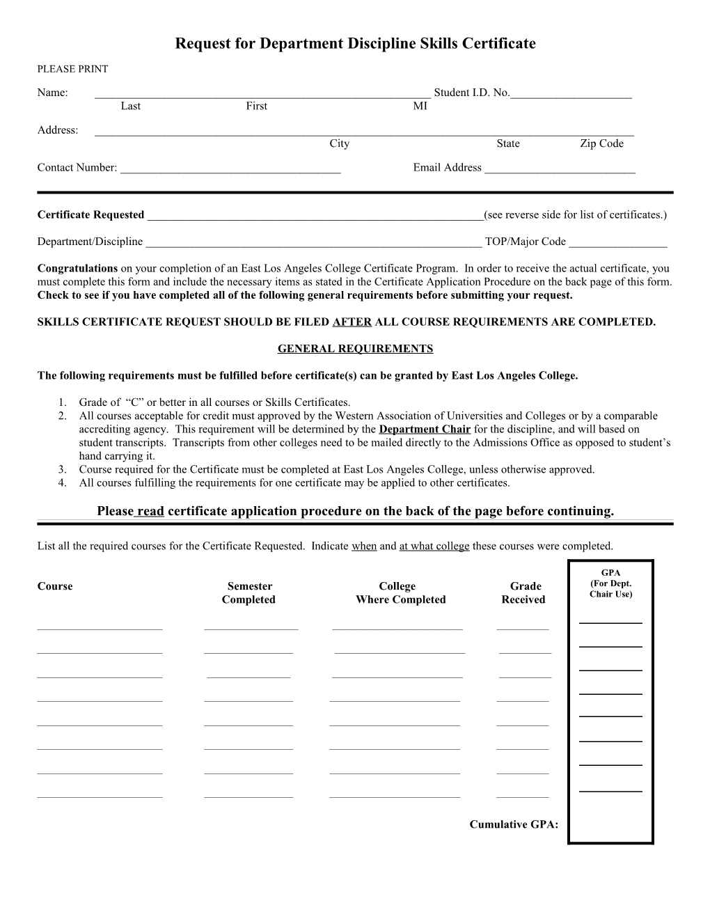 Request for Department Certificate of Completion