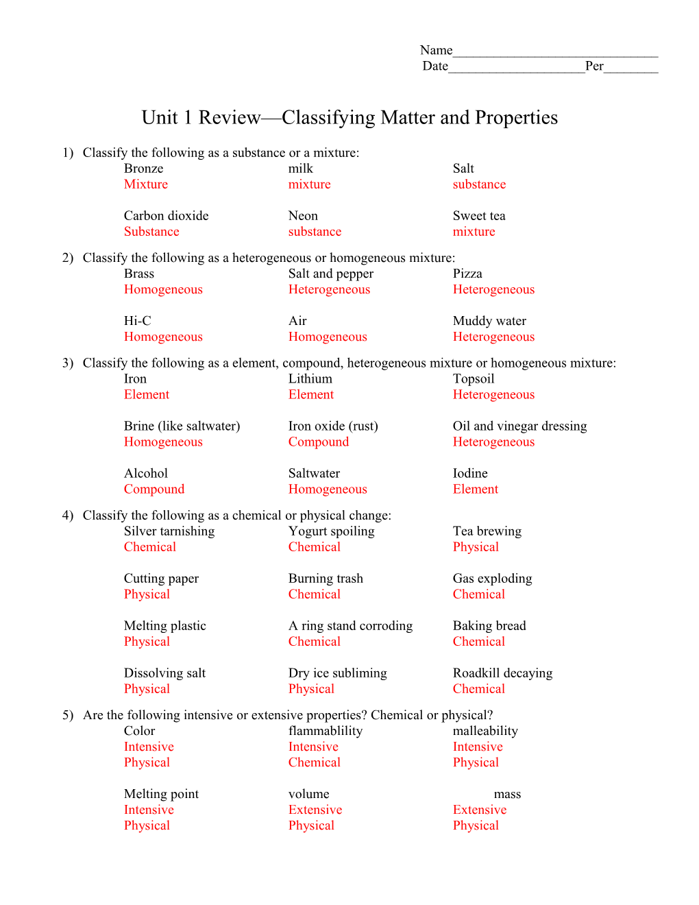 Unit 1 Review Classifying Matter and Properties