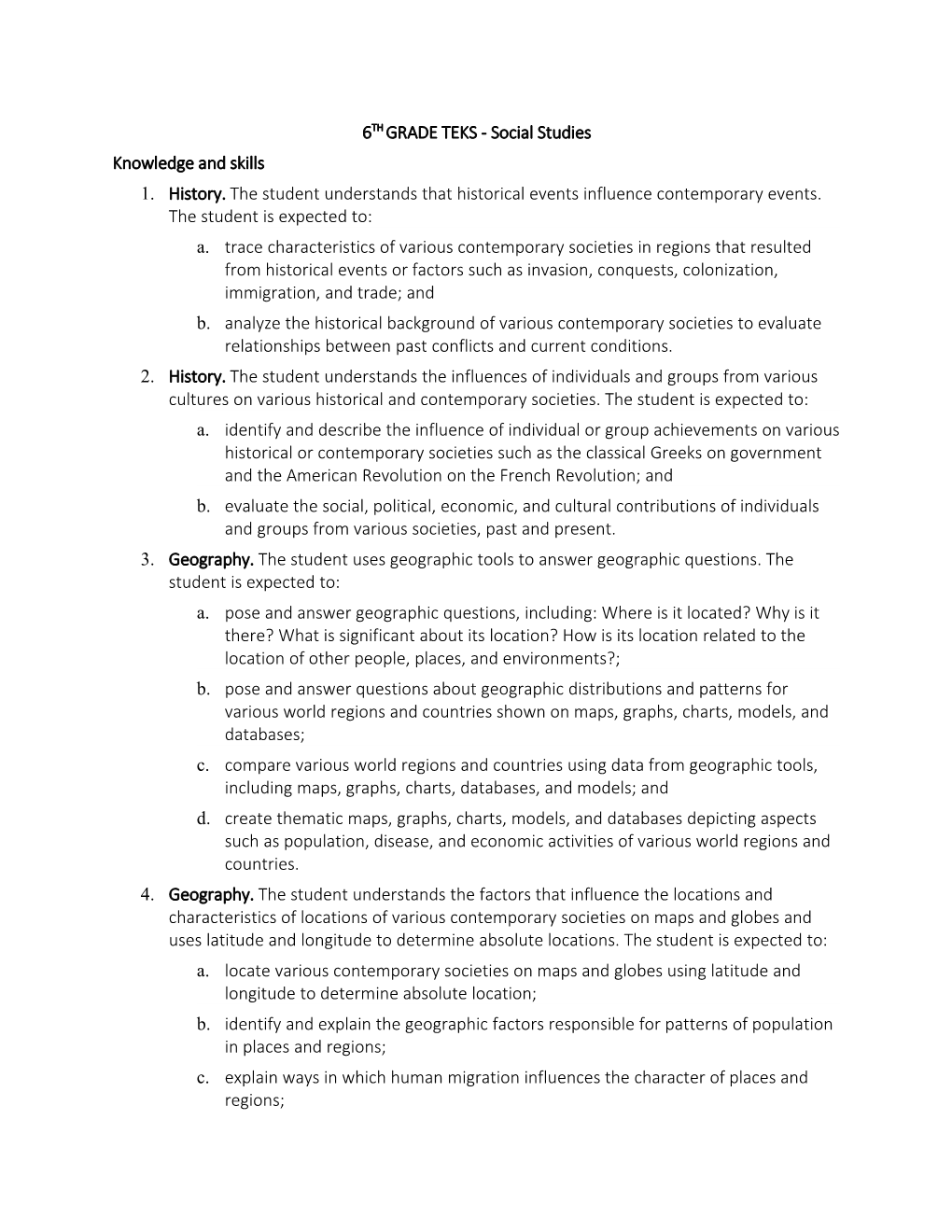 6TH GRADE TEKS - Social Studies