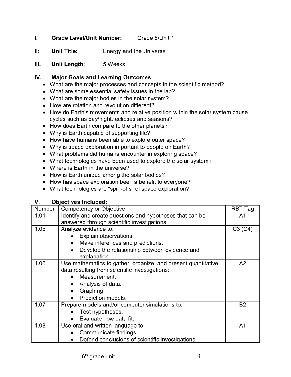 I.Grade Level/Unit Number: Grade 6/Unit 1