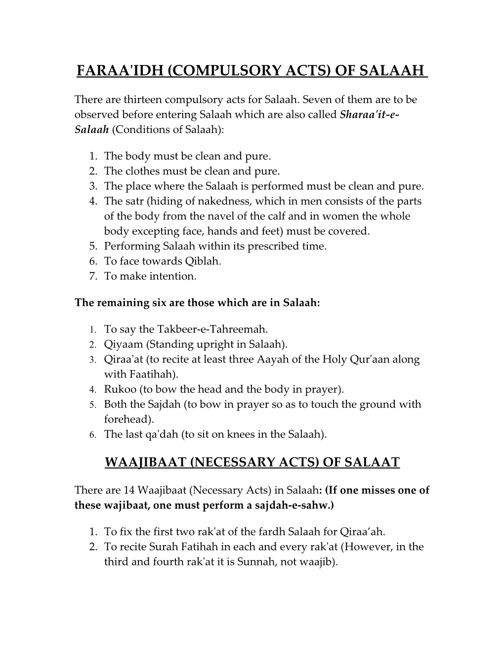 Faraa'idh (Compulsory Acts) of Salaah