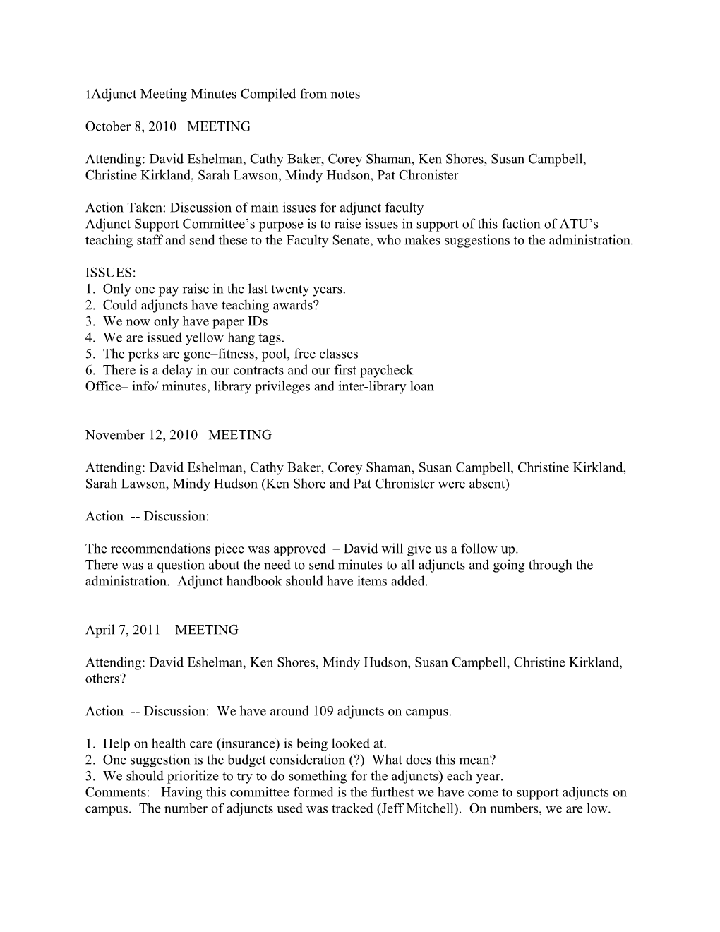 Adjunct Meeting Minutes Compiled from Notes