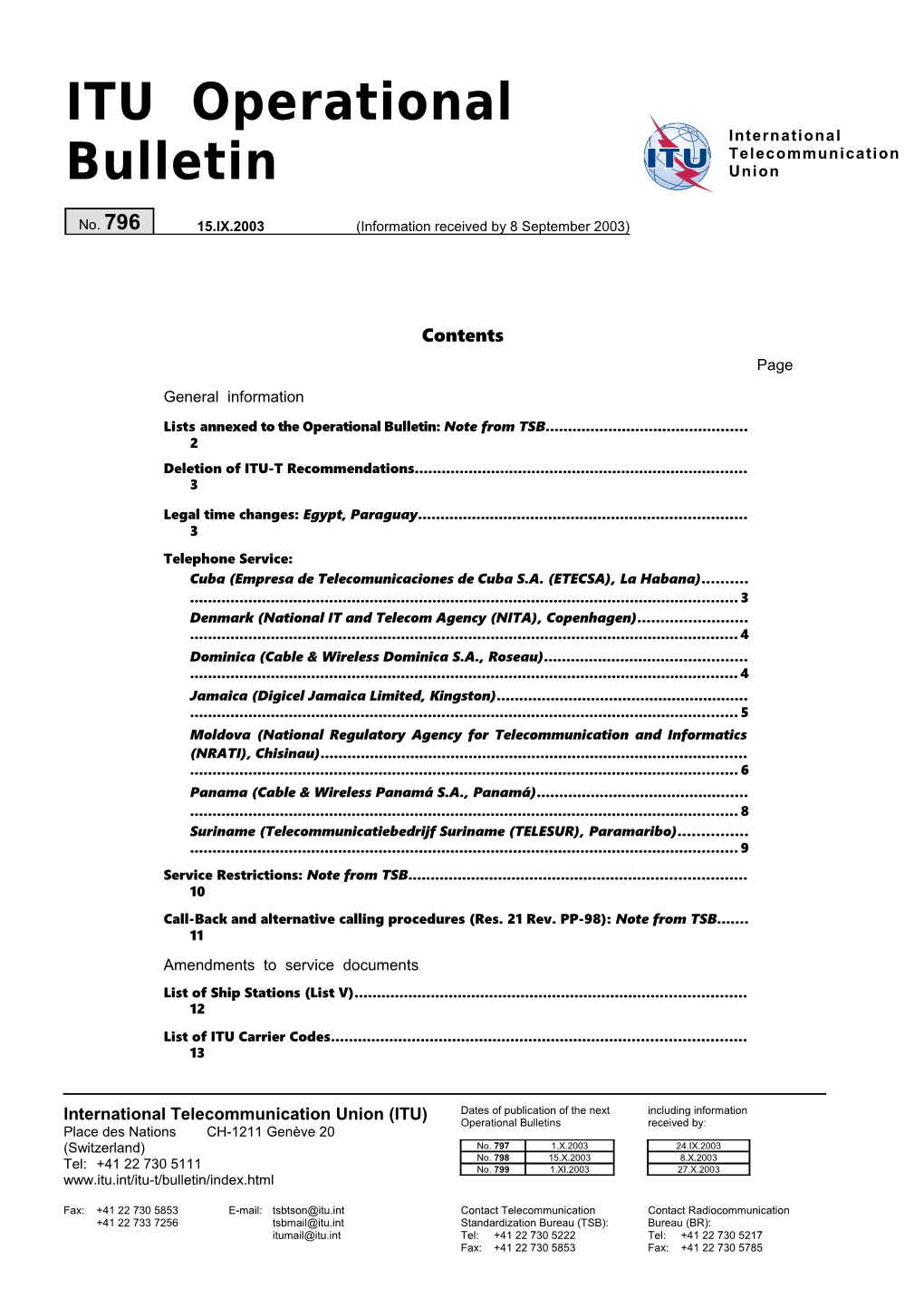 ITU Operational Bulletin No. 796 - 15.IX.2003