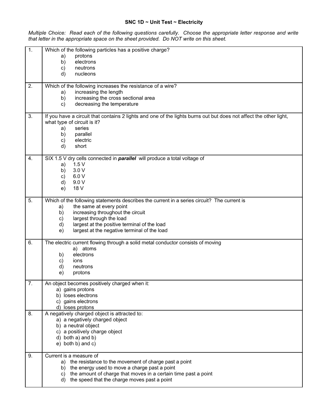 SNC 1D Unit Test Electricity