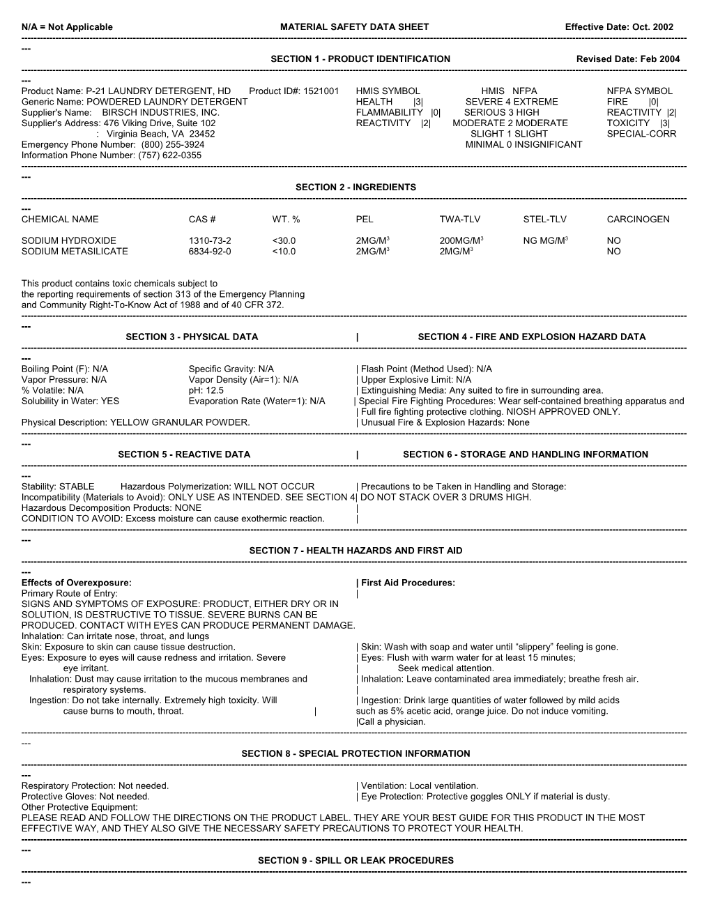 N/A = Not Applicable MATERIAL SAFETY DATA SHEET Effective Date: June 7, 1993