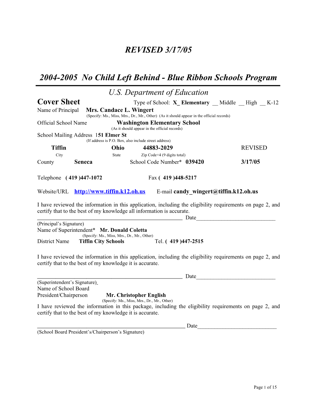 Washington Elementary School Application: 2004-2005, No Child Left Behind - Blue Ribbon