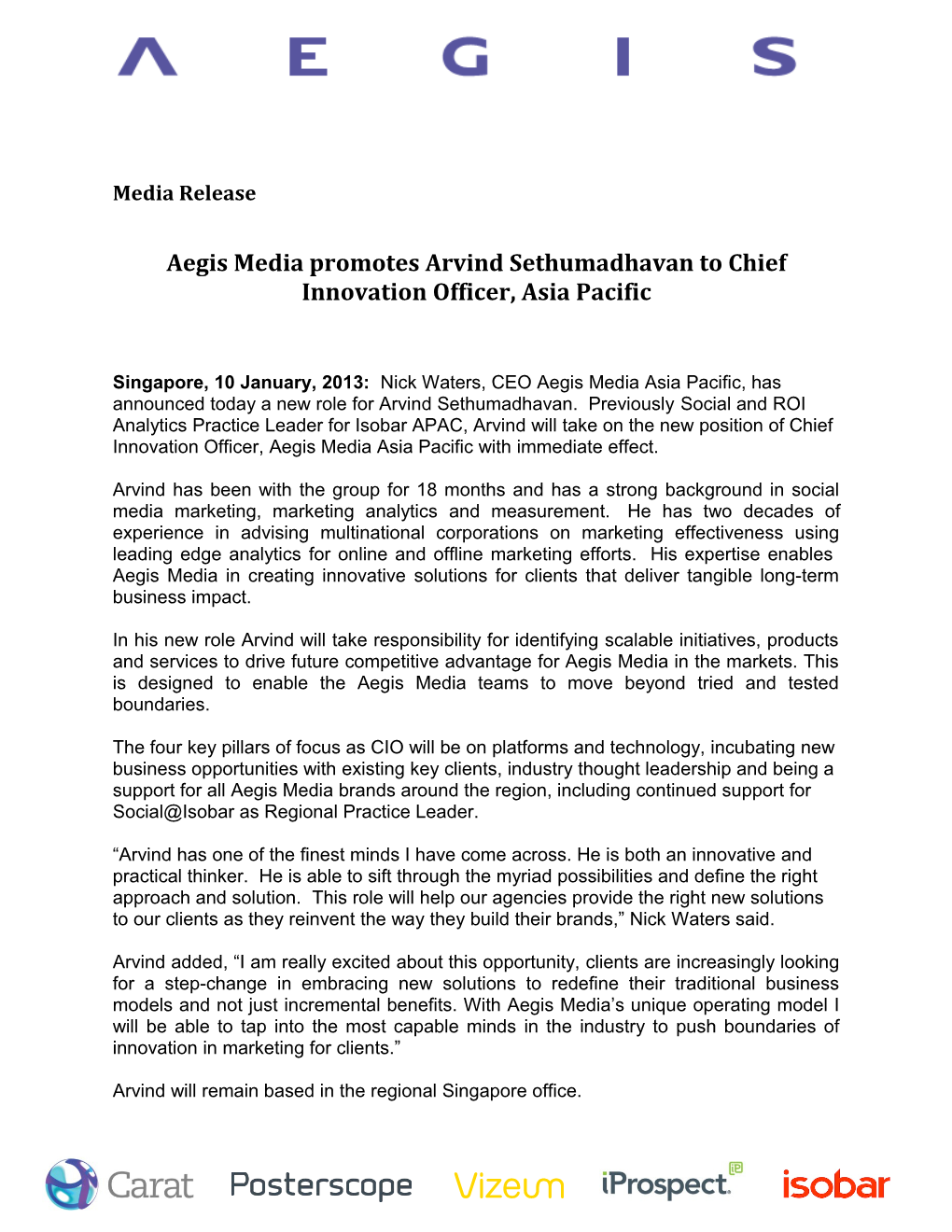 Aegis Media Promotes Arvind Sethumadhavan to Chief Innovation Officer, Asia Pacific