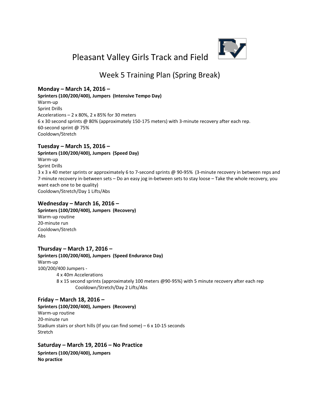 Pleasant Valley Girls Track and Field