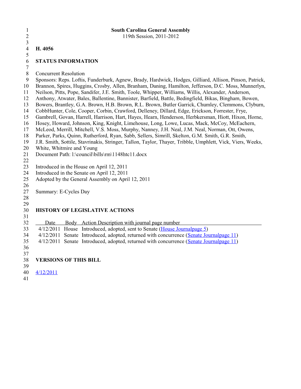 2011-2012 Bill 4056: E-Cycles Day - South Carolina Legislature Online