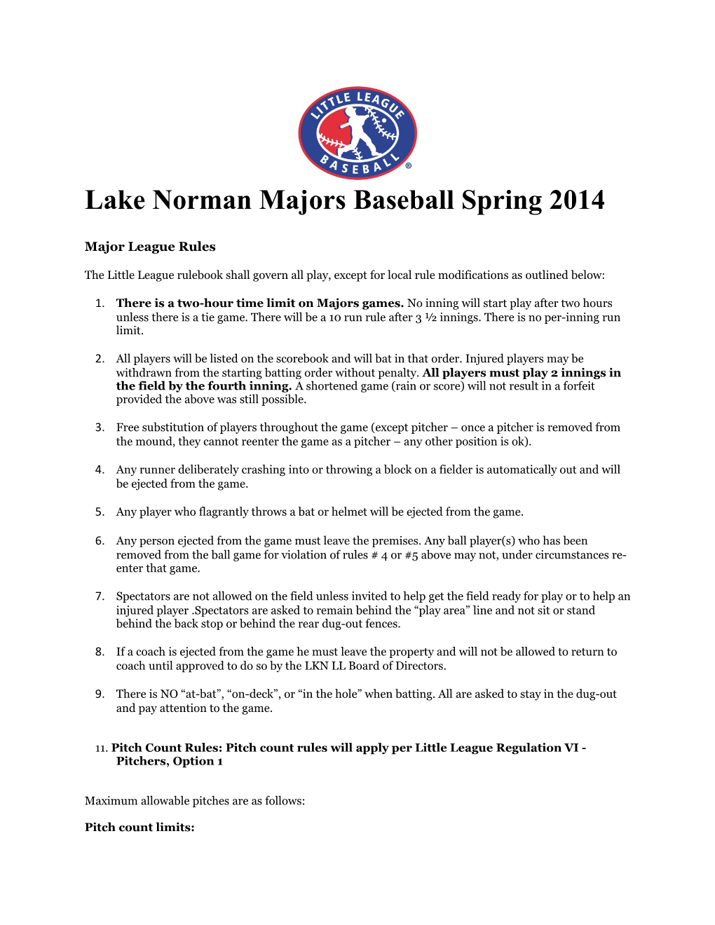 Lake Norman Majors Baseball Spring 2014