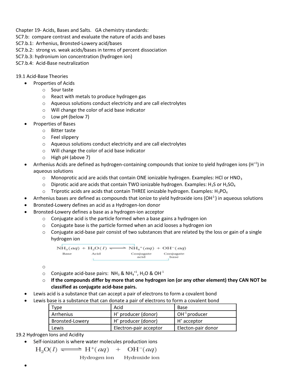 Chapter 19- Acids, Bases and Salts. GA Chemistry Standards