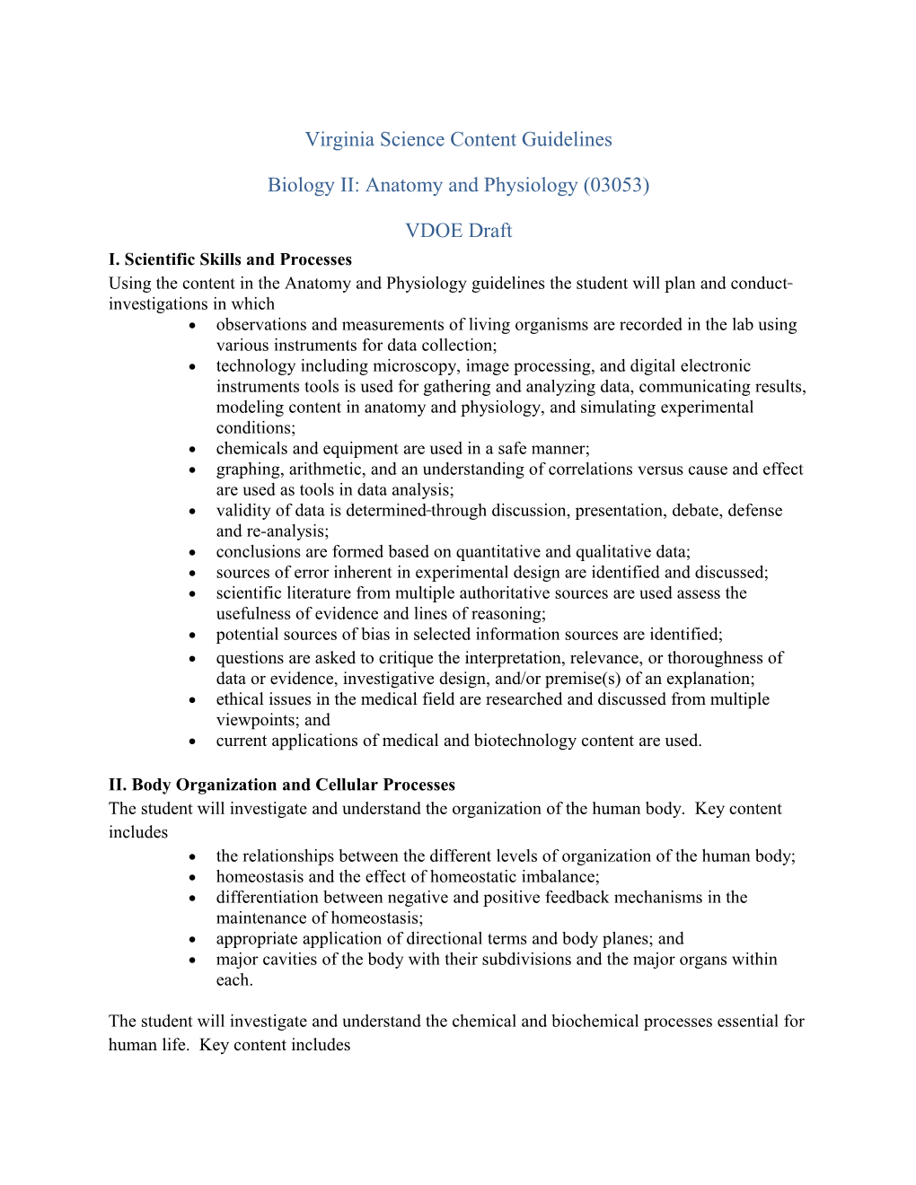 Virginia Science Content Guidelines: Bioloigy II Anatomy and Physiology