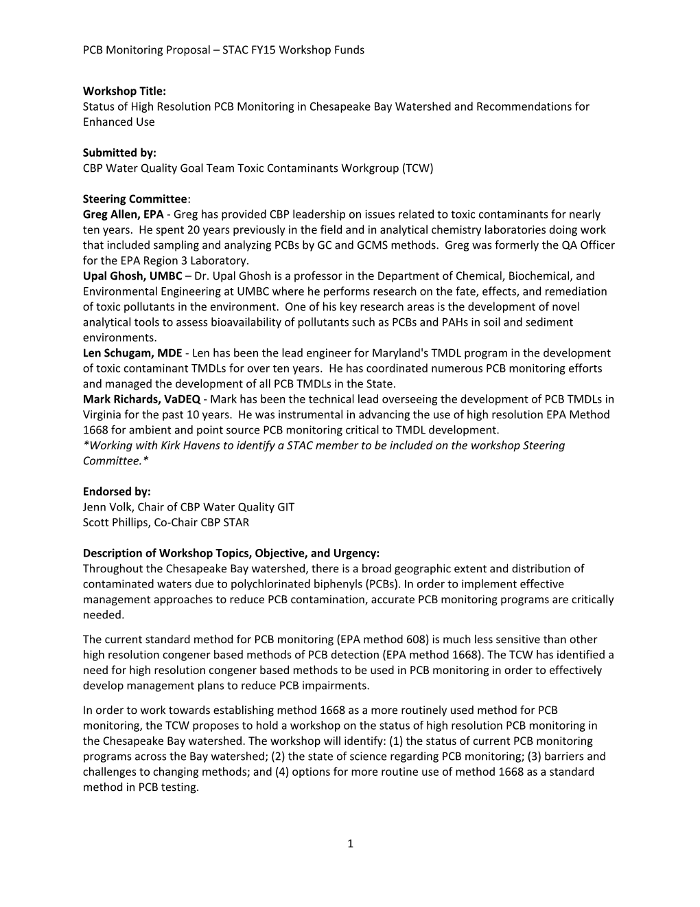 PCB Monitoring Proposal STAC FY15 Workshop Funds