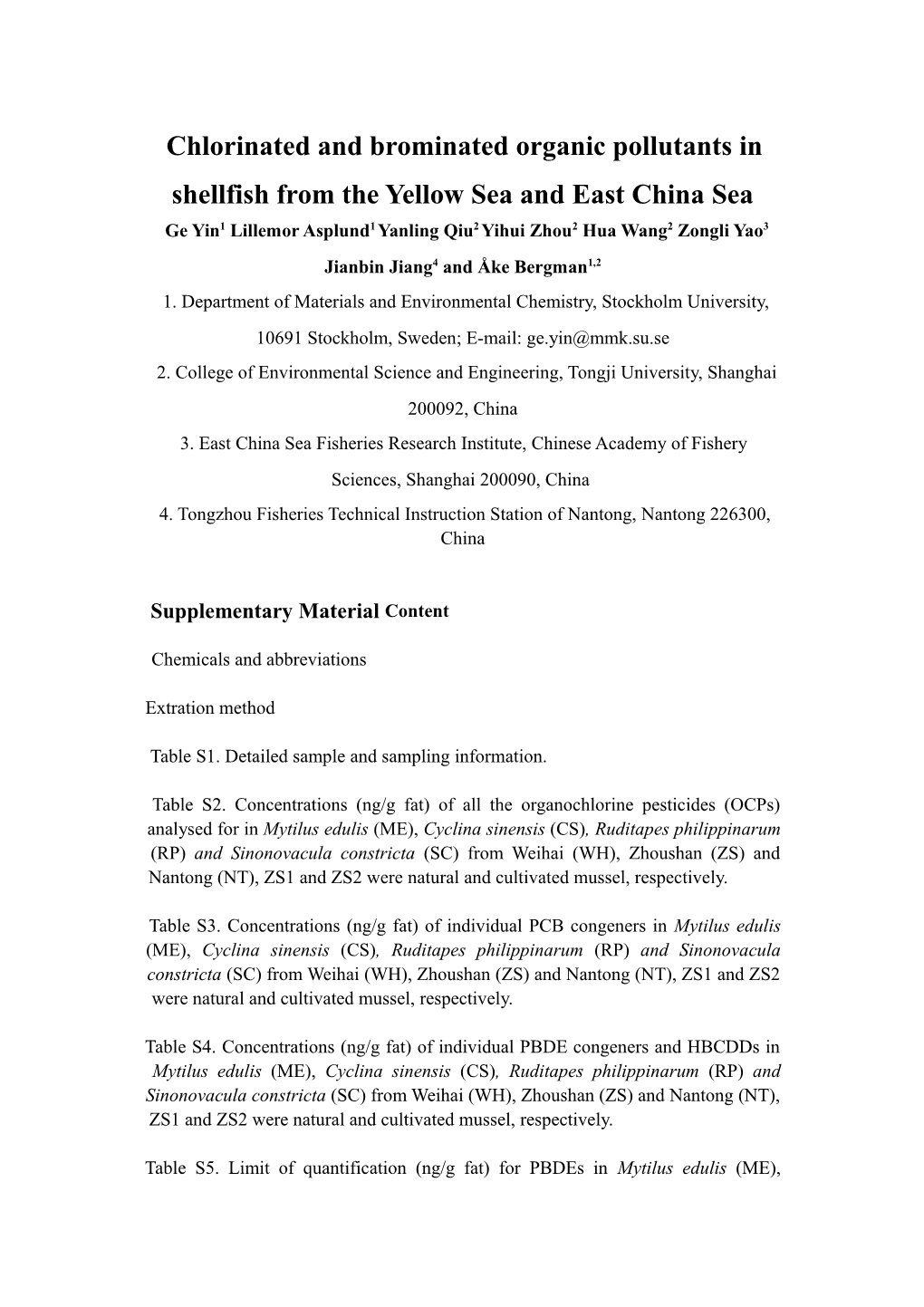 Table 1 Concentrations of Ocps in Mandarin Fish and Crawfish Samples (Ng/G Lw)