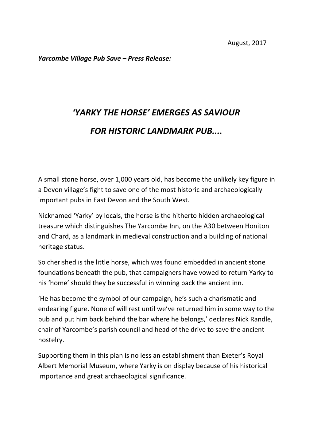 Yarcombe Village Pub Save Press Release