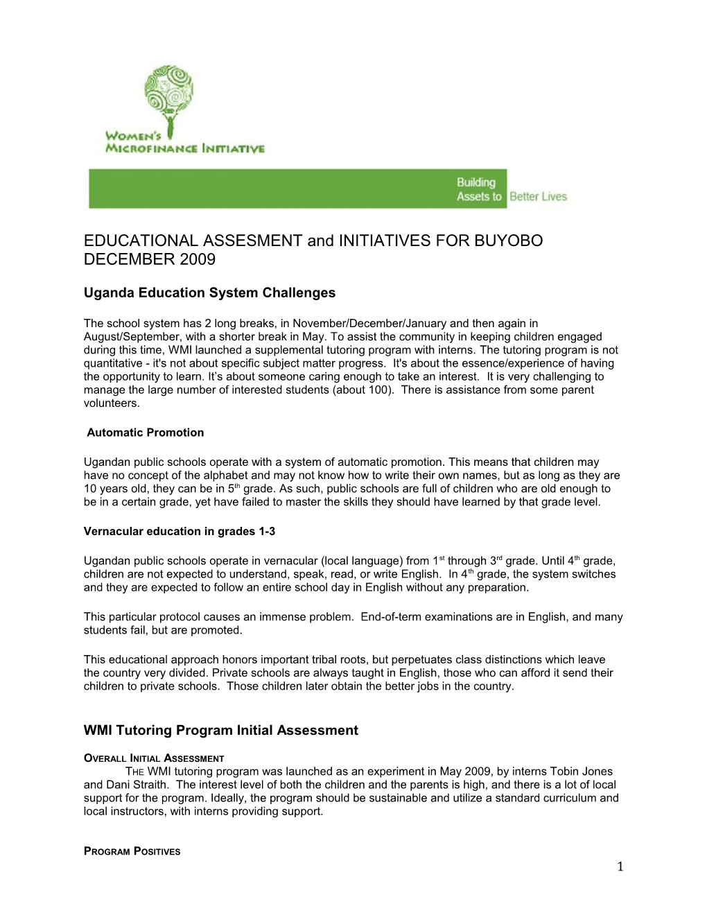 WMI Tutoring Program Initial Assessment