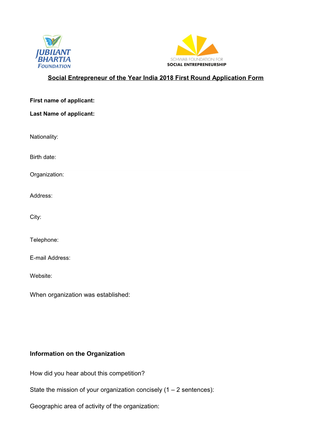 Social Entrepreneur of the Year India 2018 First Round Application Form