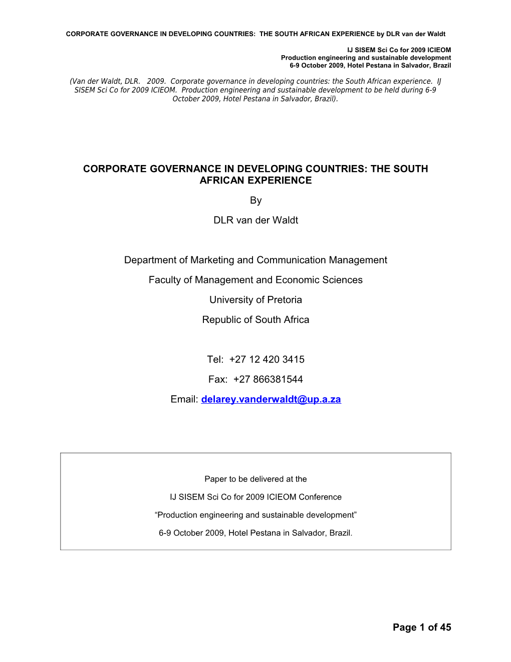 CORPORATE GOVERNANCE in DEVELOPING COUNTRIES: the SOUTH AFRICAN EXPERIENCE by DLR Van