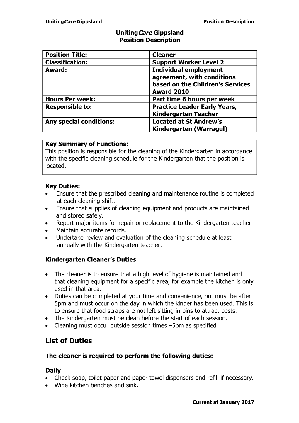 Unitingcare Gippslandposition Description