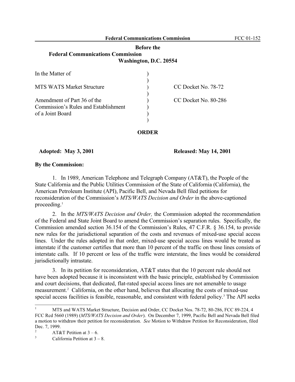 Federal Communications Commission FCC 01-152