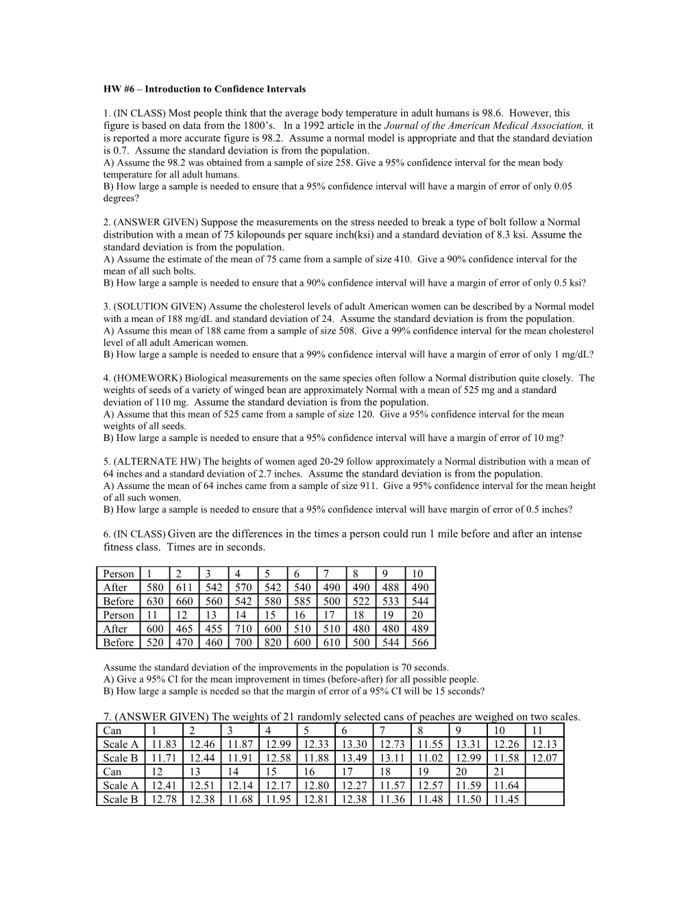 HW #6 Introduction to Confidence Intervals