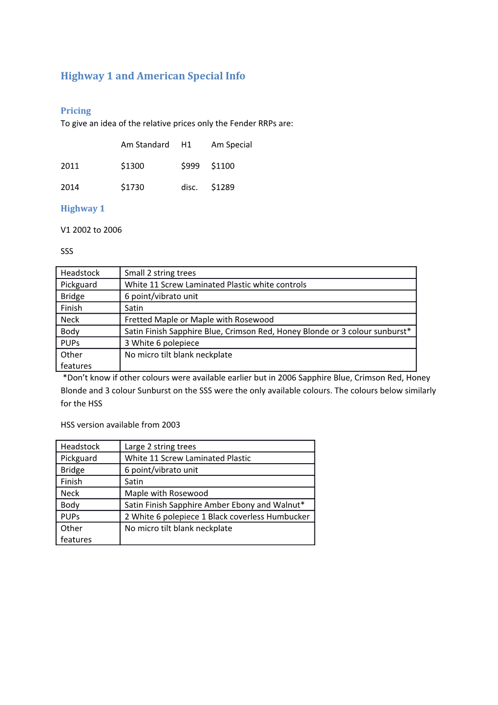 Highway 1 and American Special Info