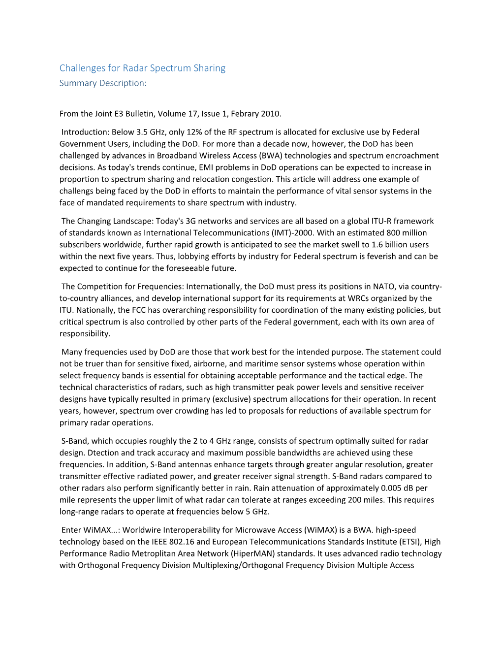 Challenges for Radar Spectrum Sharing