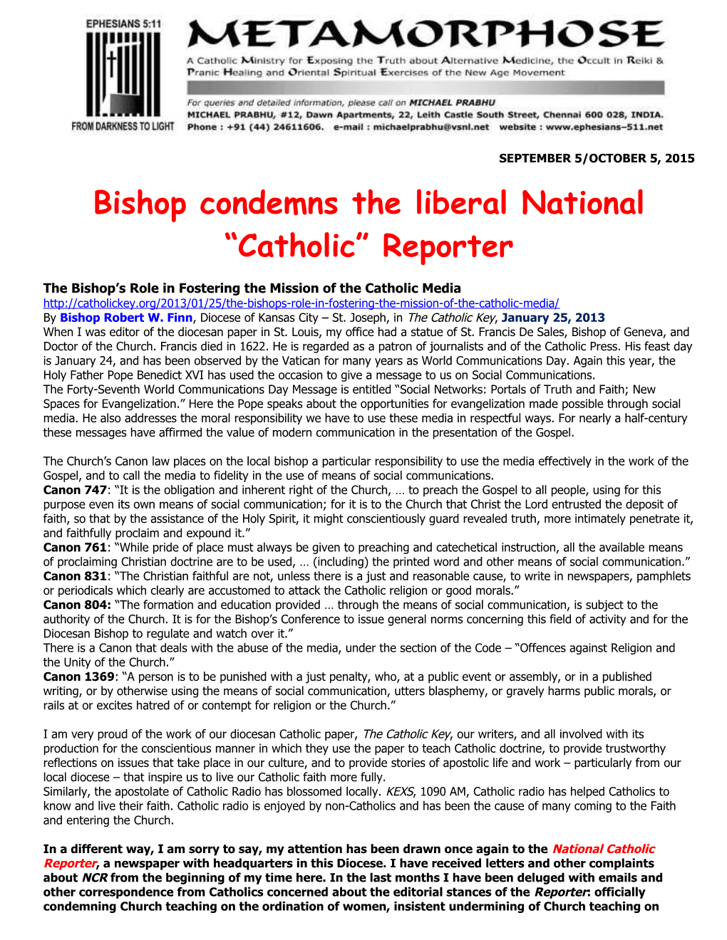 Bishop Condemns the Liberal National Catholic Reporter