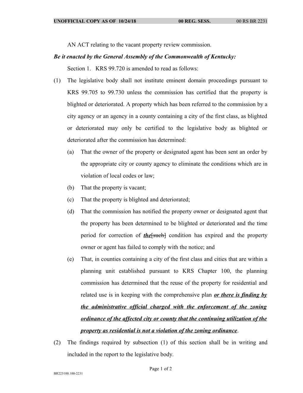 AN ACT Relating to the Vacant Property Review Commission