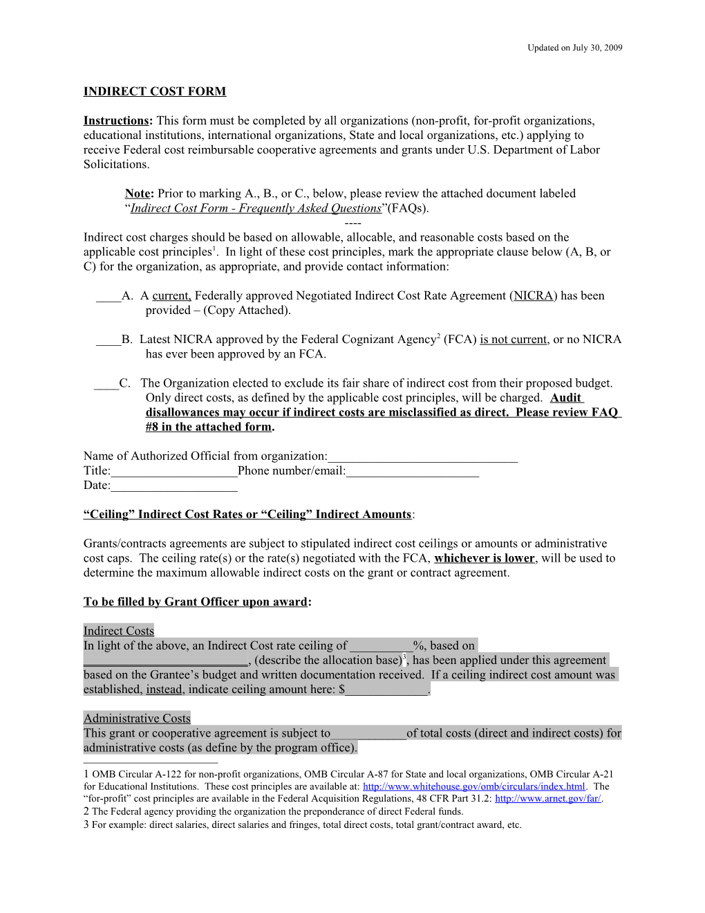 Indirect Cost Form