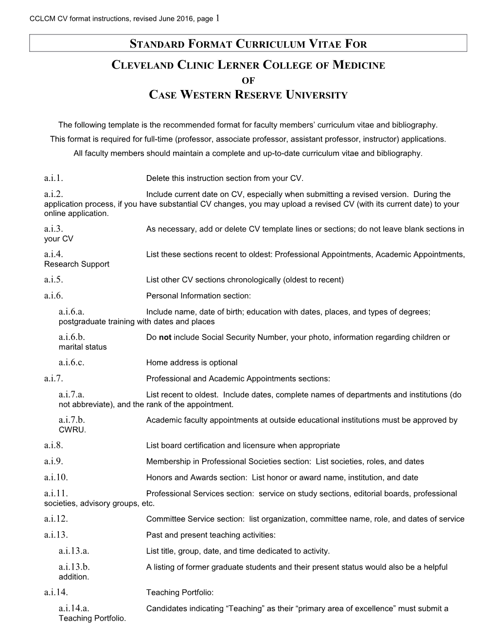 Standard Format Curriculum Vitae For