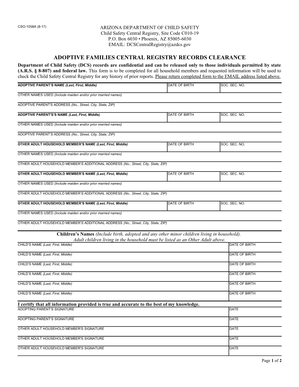 CSO-1058A, Adoptive Families Central Registry Records Clearance Request