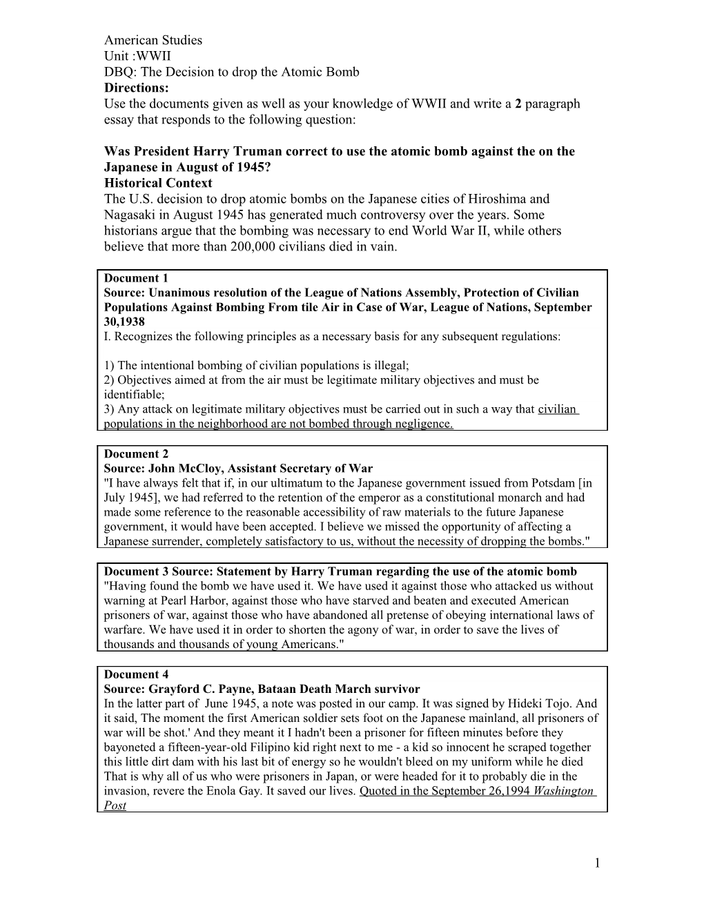 DBQ: the Decision to Drop the Atomic Bomb