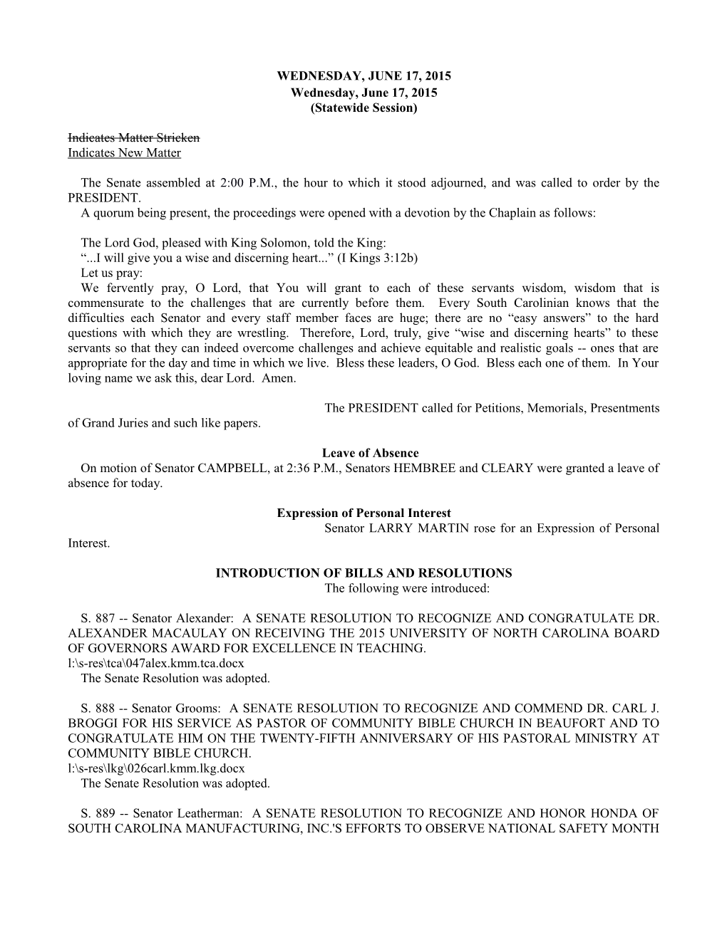 Senate Journal for 6/17/2015 - South Carolina Legislature Online