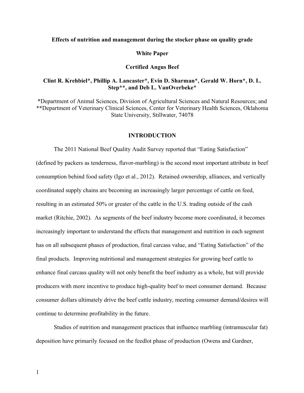 Effects of Nutrition and Management During the Stocker Phase on Quality Grade