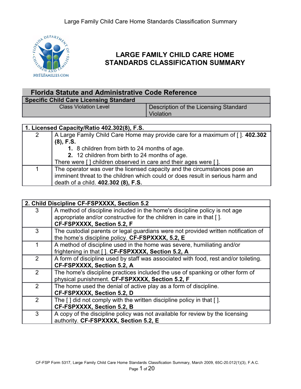 Large Family Child Care Home Standards Classification Summary