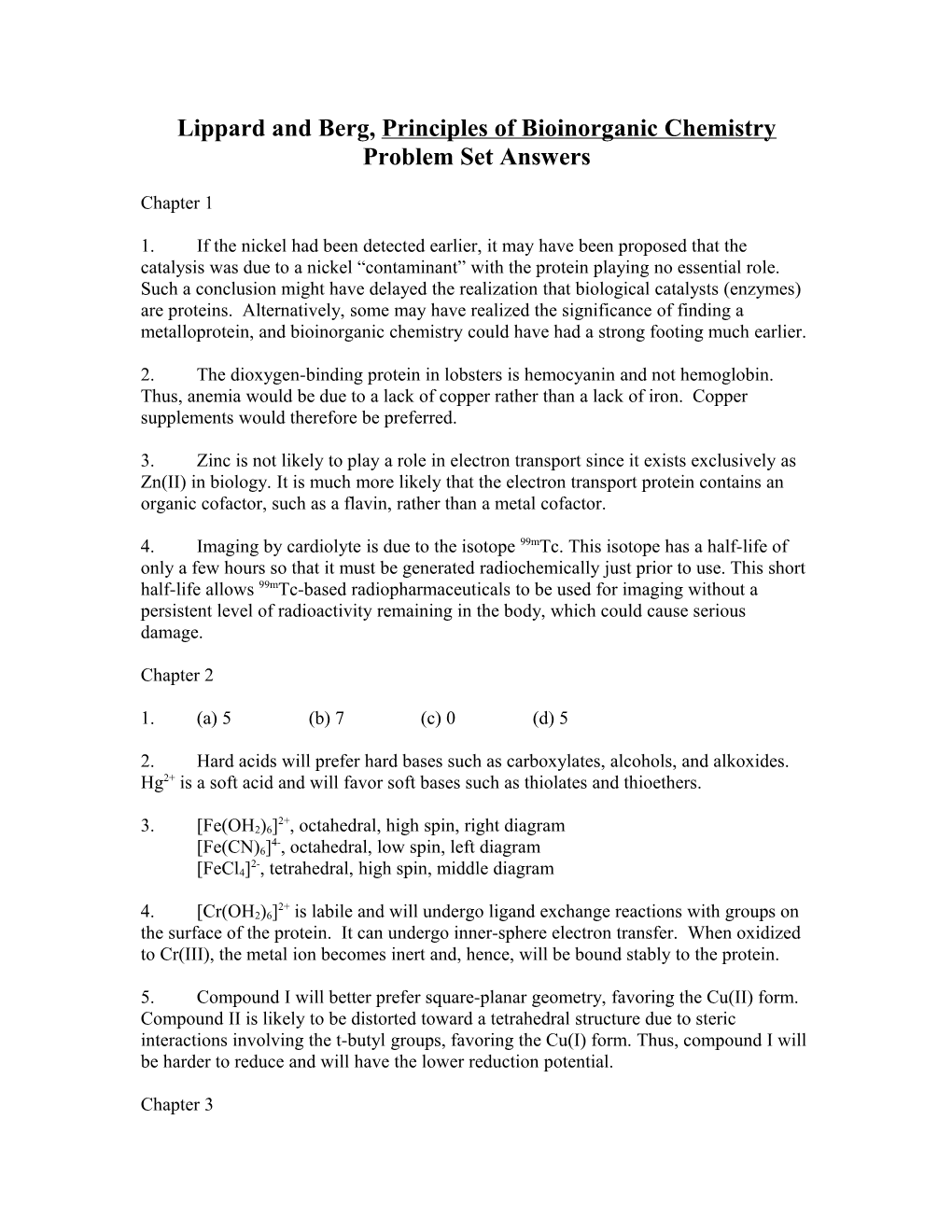 Lippard and Berg, Principles of Bioinorganic Chemistry