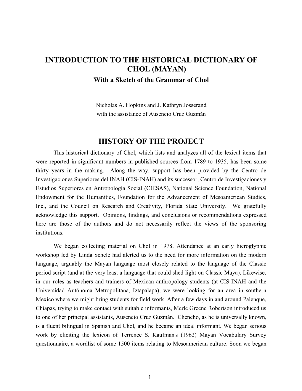 Introduction to the Historical Dictionary of Chol (Mayan)