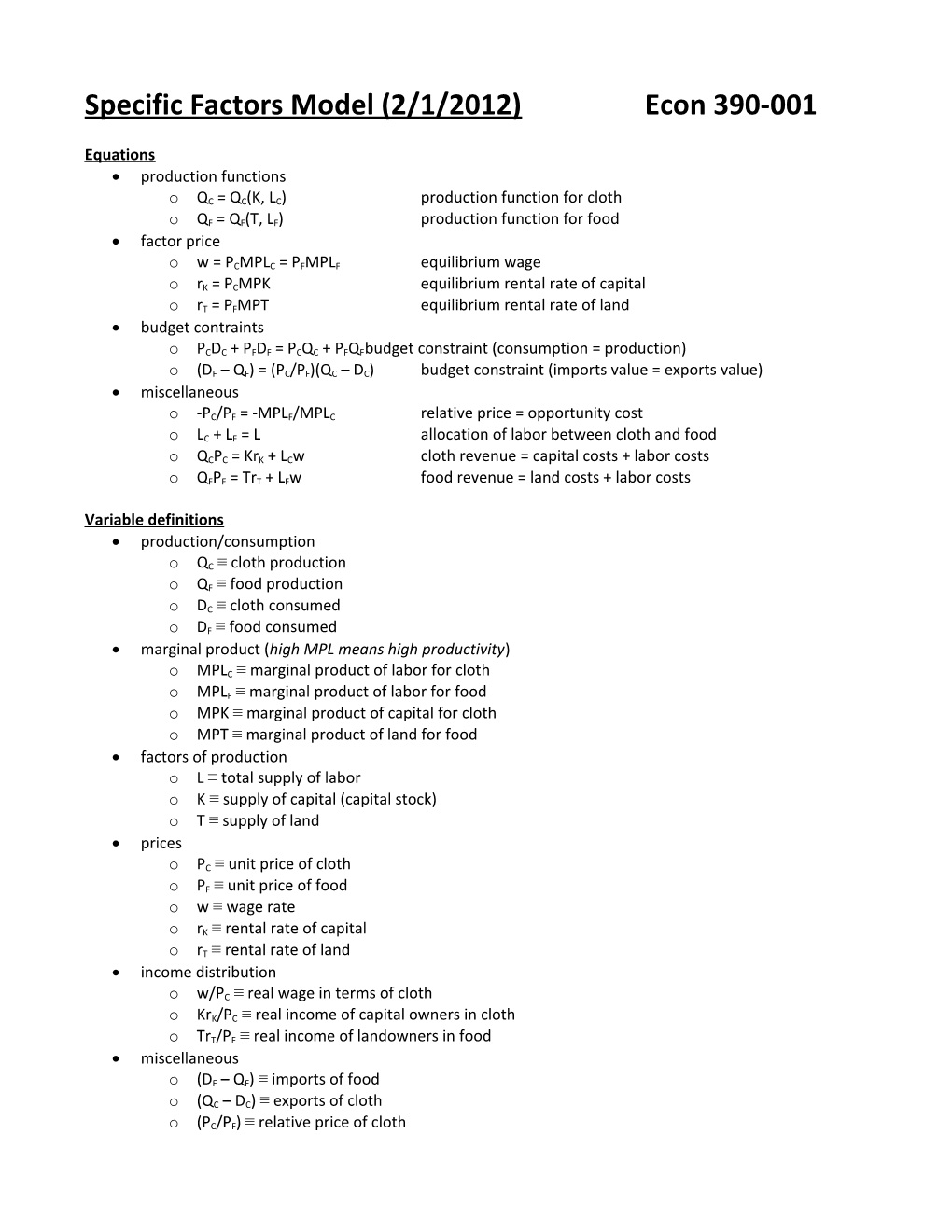 Specific Factors Model (2/1/2012)Econ 390-001