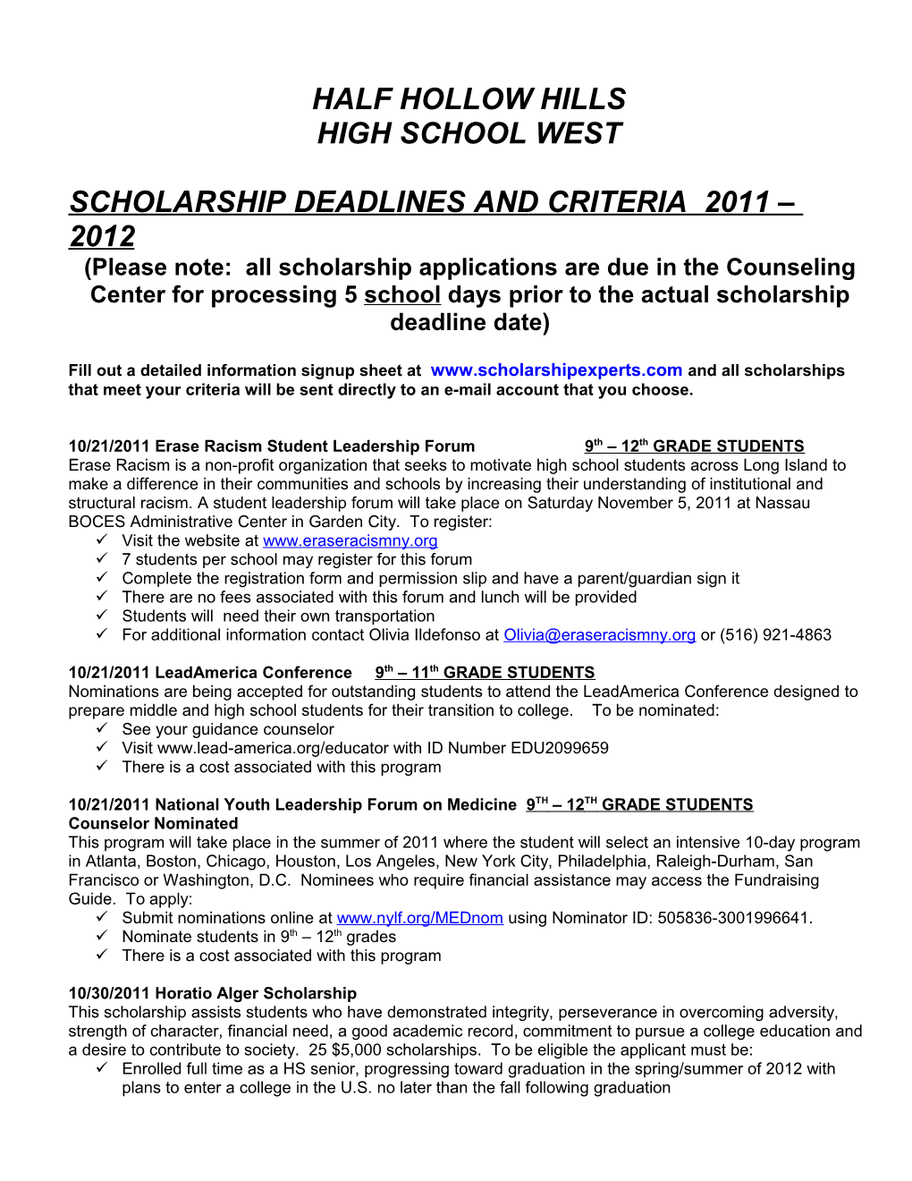 Scholarship Deadlines and Criteria 2011 2012