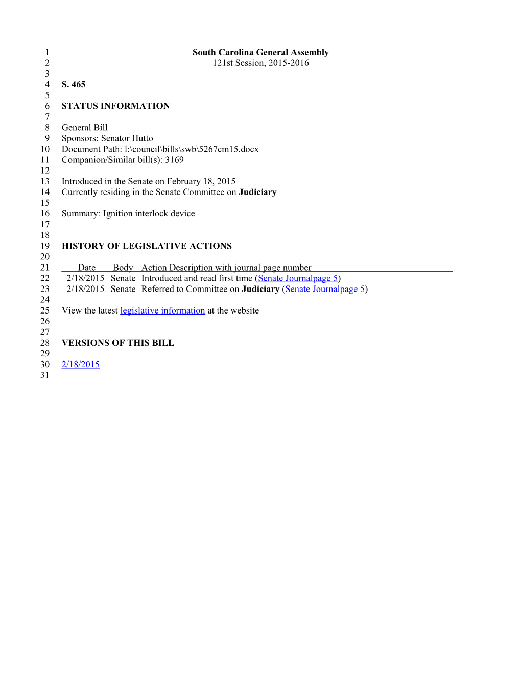 2015-2016 Bill 465: Ignition Interlock Device - South Carolina Legislature Online