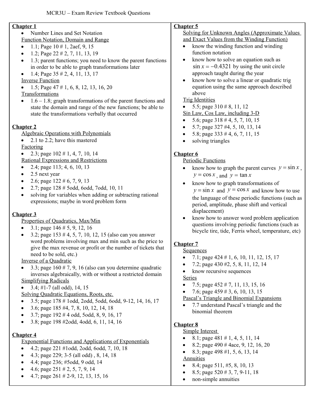 MCR3U Exam Review Textbook Questions